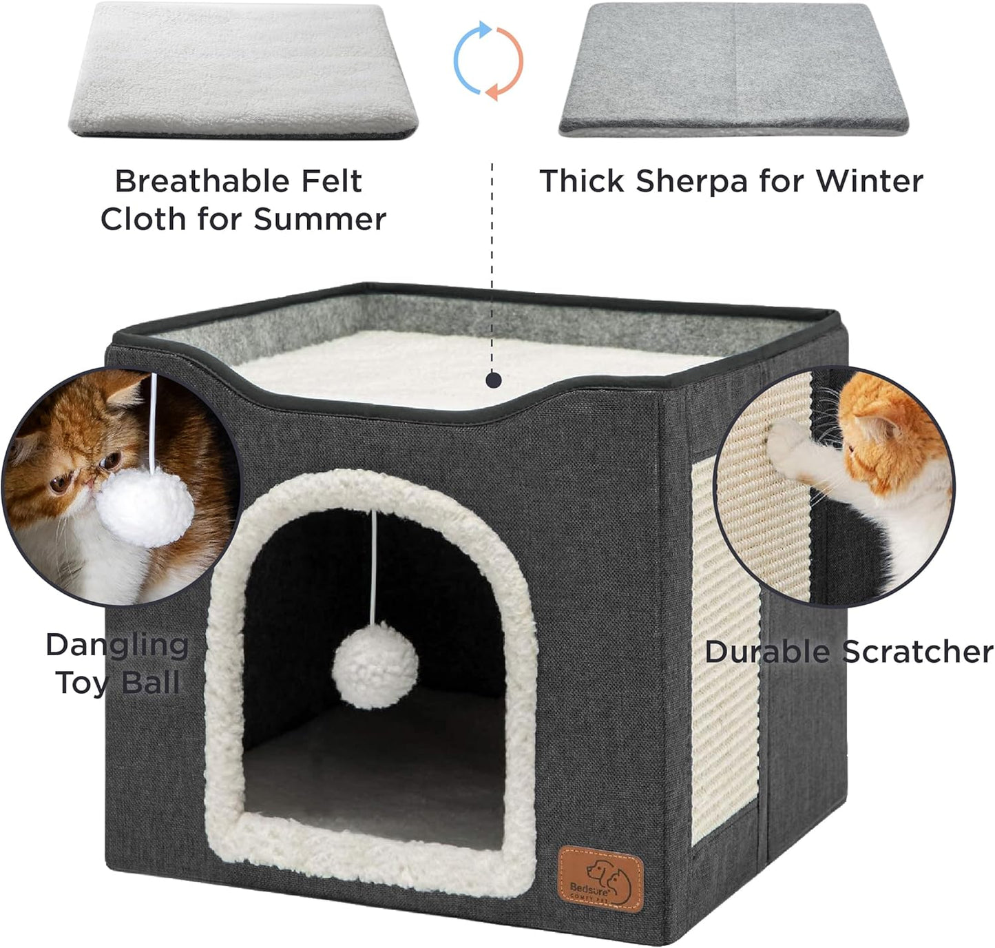 Bedsure Cat Beds for Indoor Cats - Large Cat Cave for Pet Cat House with Fluffy Ball Hanging and Scratch Pad, Foldable Cat Hideaway, 16.5x16.5x13 inches, Dark Grey - Pet Explorer