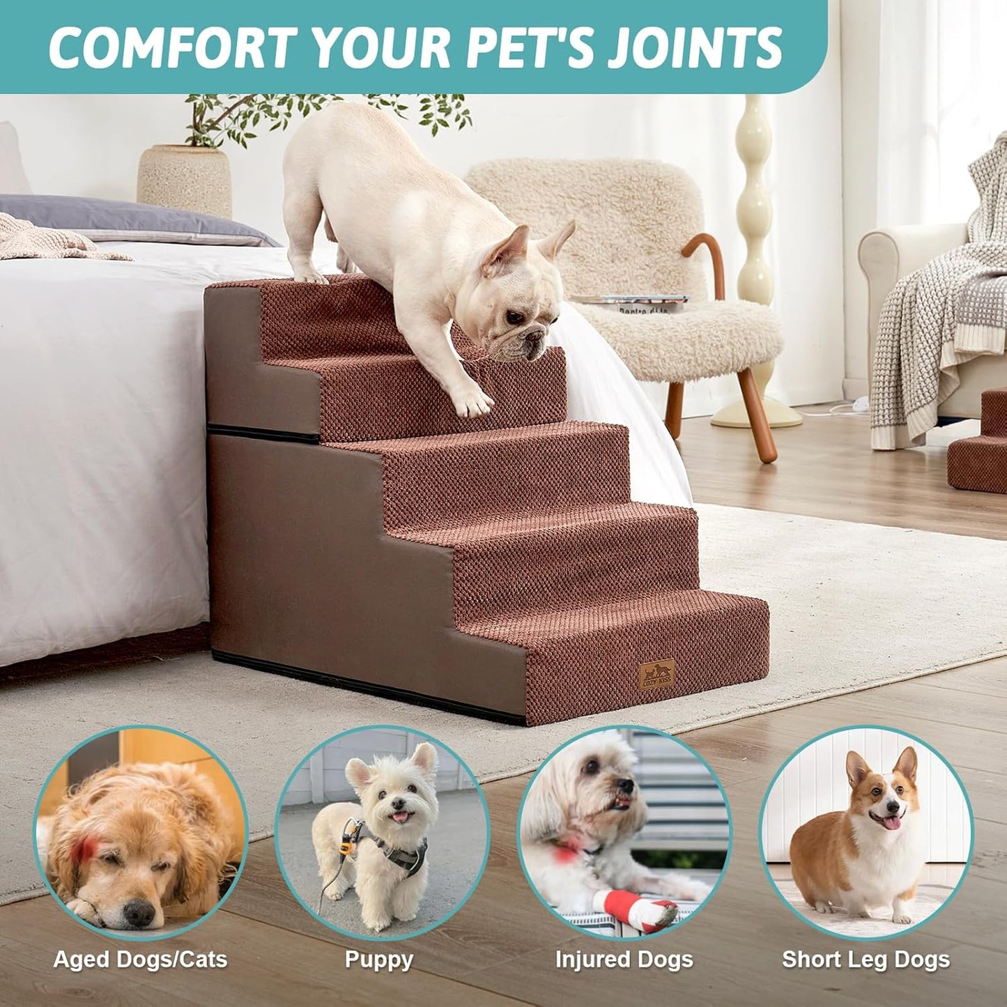 Dog Stairs for Small Dogs, 5 Tier Removable Wider Pet Stairs for Couch and Bed, 23.6" H Non-Slip Dog Steps for Puppies and Old Cats with Support Board, 29.5x19.7x23.6 inch, Brown - Pet Explorer
