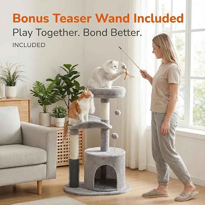 32" 7 Small Cat Tree for Kittens & Senior Cats, Removable Plush Perch, Cozy Condo, Sisal Scratching Post, Compact Cat Tower for Small Spaces w/Cat Toy