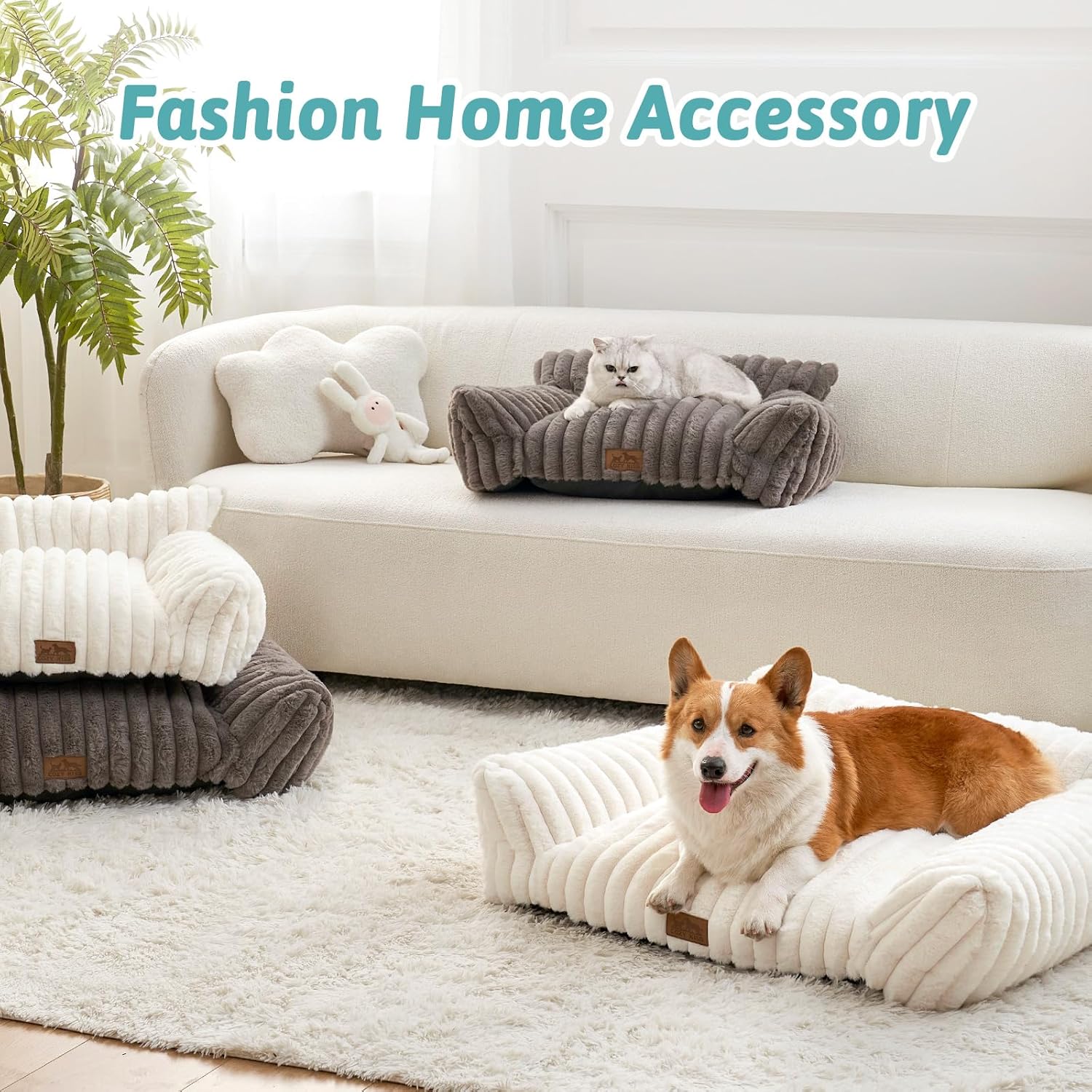Cute Cat Couch, Premium Plush Faux Fur Pet Couch Bed, Ultra-Soft Pet Furniture for Cats & Small Dogs (Cream, M: 31.5''x23.5'') - Pet Explorer
