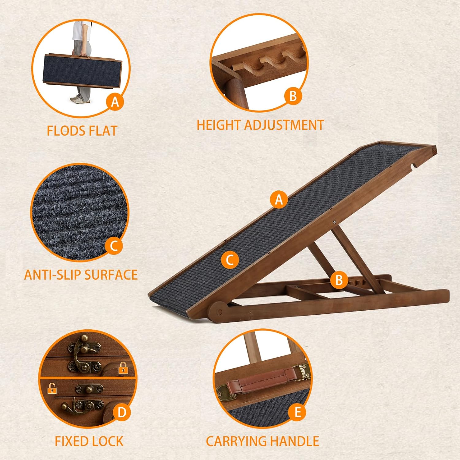 Dog Ramp for Bed Couch - Pet Steps Stairs to Get on Bed Couch 11.8"-19.6" High for Small or Large Dog Up to 200 lbs, Adjustable Wooden Dog Ramp Steps Foldable Portable, Anti-Slip Carpet (Natural) - Pet Explorer