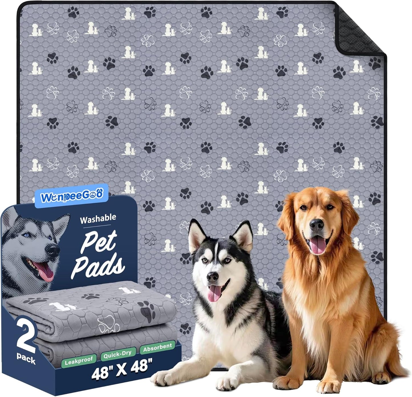 Washable Pee Pads, Puppy Pee Pad for Dogs, 2 Pack Absorbent Reusable Training Dog Pads Pet Puppy Pads, Non-Slip Potty Pads for Whelping, Playpen, Crate, Bed, Grey 48"x48" - Pet Explorer