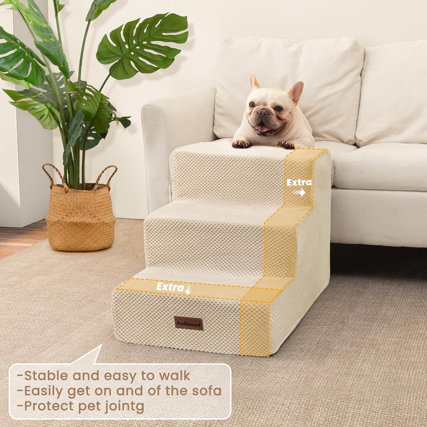 Dog Stairs for Small Dogs & Cats, 3-Step Extra Wide Non-Slip Pet Steps for Couch Sofa and Chair, Beige, 15.7" H - Pet Explorer