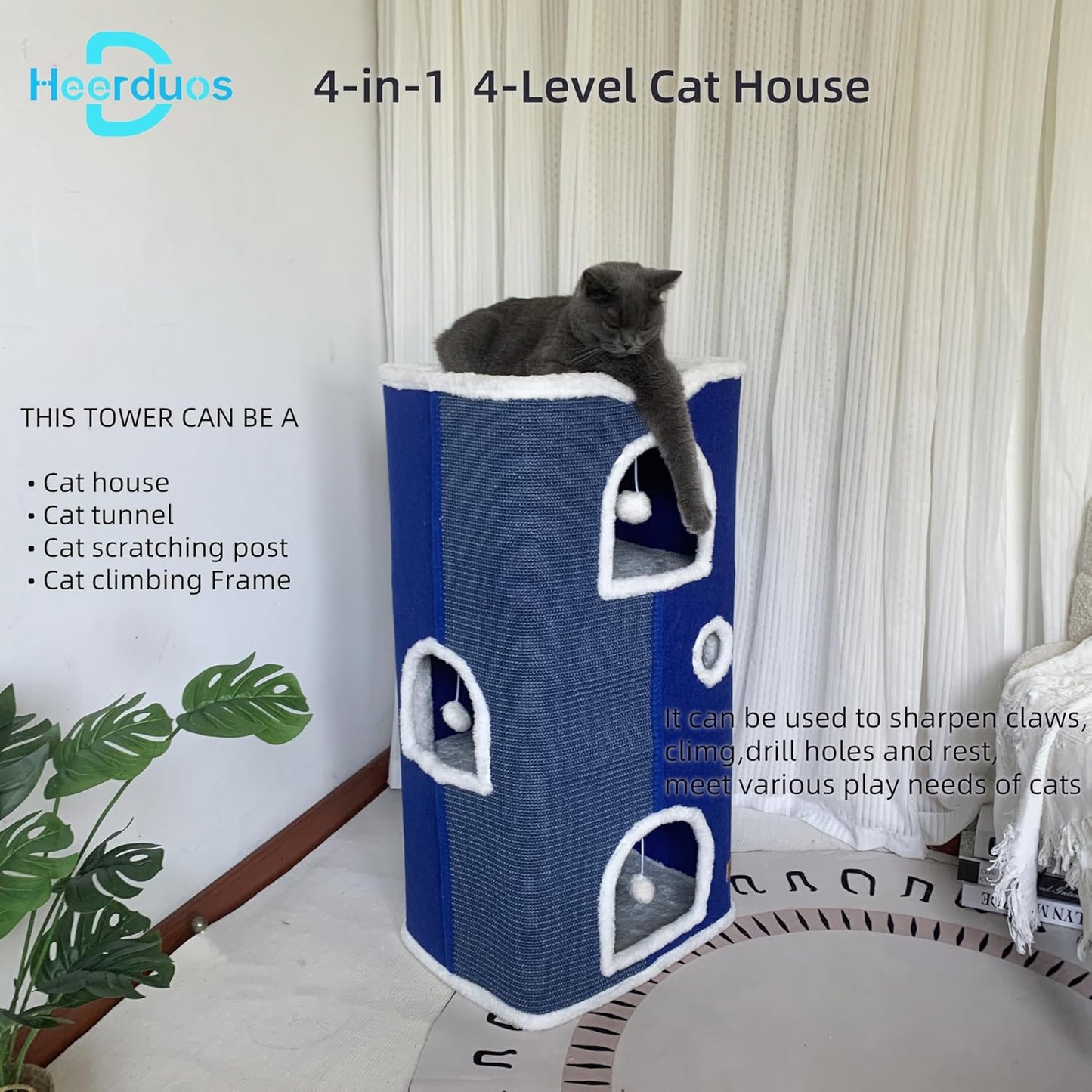 4-Level Cat House for Indoor Cats,Covered Cat Beds and Furniture with Scratch Pad,Hideaway Cave &Cushions,Modern Cat Tower Condo for Multi Small Pet and Large Cats Navy Blue - Pet Explorer