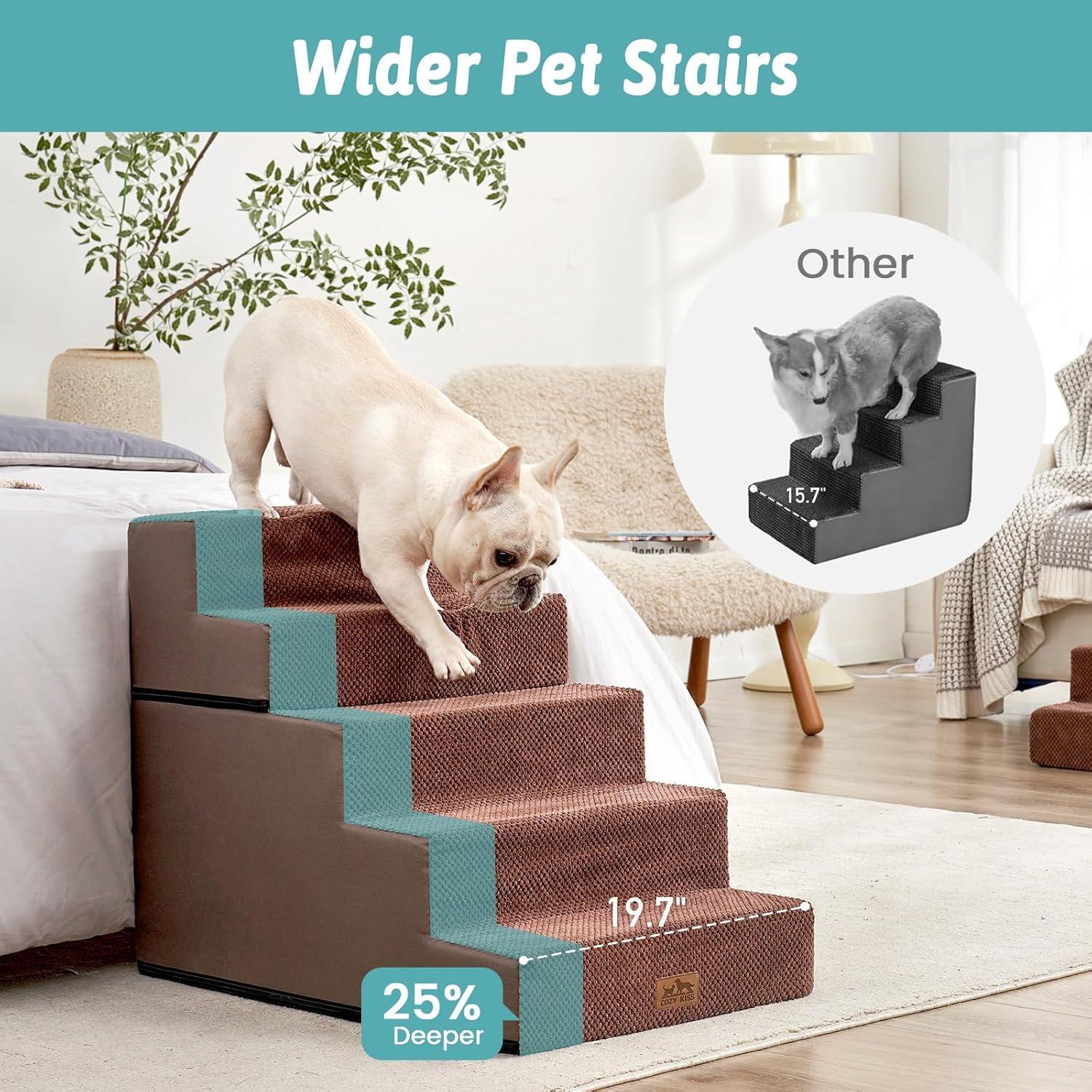 Dog Stairs for Small Dogs, 5 Tier Removable Wider Pet Stairs for Couch and Bed, 23.6" H Non-Slip Dog Steps for Puppies and Old Cats with Support Board, 29.5x19.7x23.6 inch, Brown - Pet Explorer