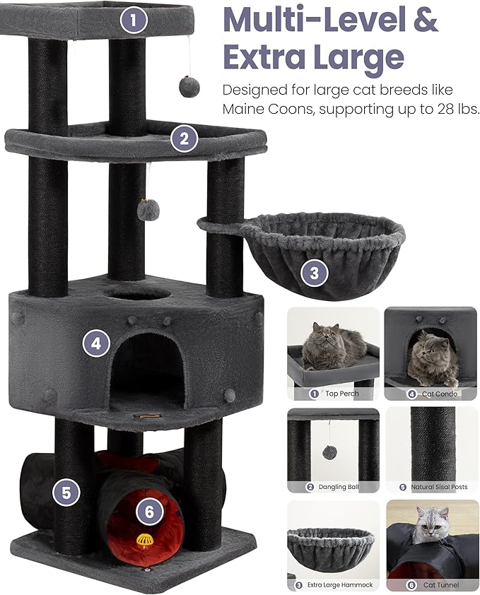 Heavy Duty Cat Tree for Large Cats Adult - 60 Inch XXL Sturdy Cat Tower Condo with Extra Wide Scratching Posts (φ4.4in) Big Cat House Hammock Perch - Indoor Wood Modern Multi Level Corner Cat Bed