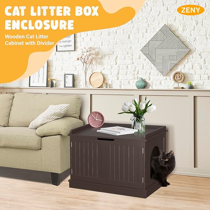 ZENY Cat Litter Box Enclosure Furniture Hidden, Wooden Cabinet with Divider, Modern Cat Washroom Storage Bench，Fit Most of Litter Box, Brown