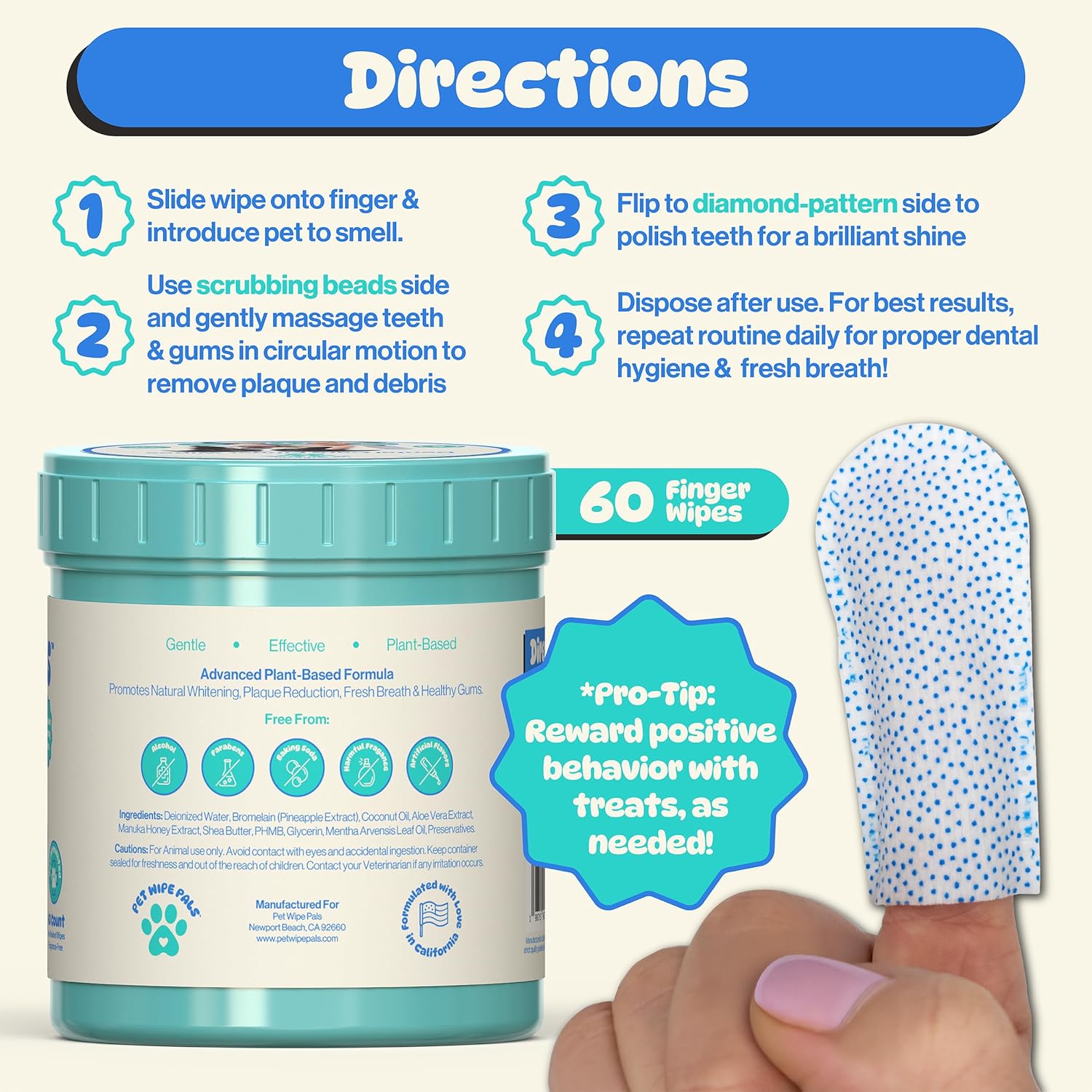 All-in-1 Dog Teeth Cleaning Wipes | Enzymatic Whitening + Micro Scrubbing Beads | No Mess, Pet Dental Wipes & Finger Tooth Brushing Kit | Plant-Based Dental Care for Cats & Dogs (60 Count) - Pet Explorer