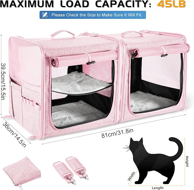 Suertree Large Cat Carrier for 2 Cats with Zipper Locks, Double Cat Carrier with Travel Litter Box, Soft Pet Travel Carrier for Cats and Small Dogs Up to 45 Lbs, Pink