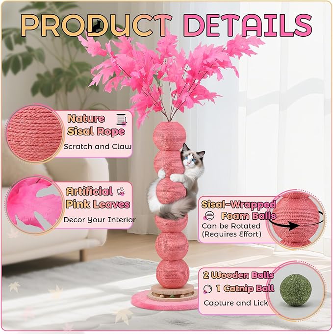 EMUST 47" Tall Cat Scratching Post, 5.9 Inch Diameter Scratching Posts for Indoor Cats Adults with Nature Sisal Rope, Cat Tree Scratcher Post with Interactive Ball Track for Kitten Large Cats