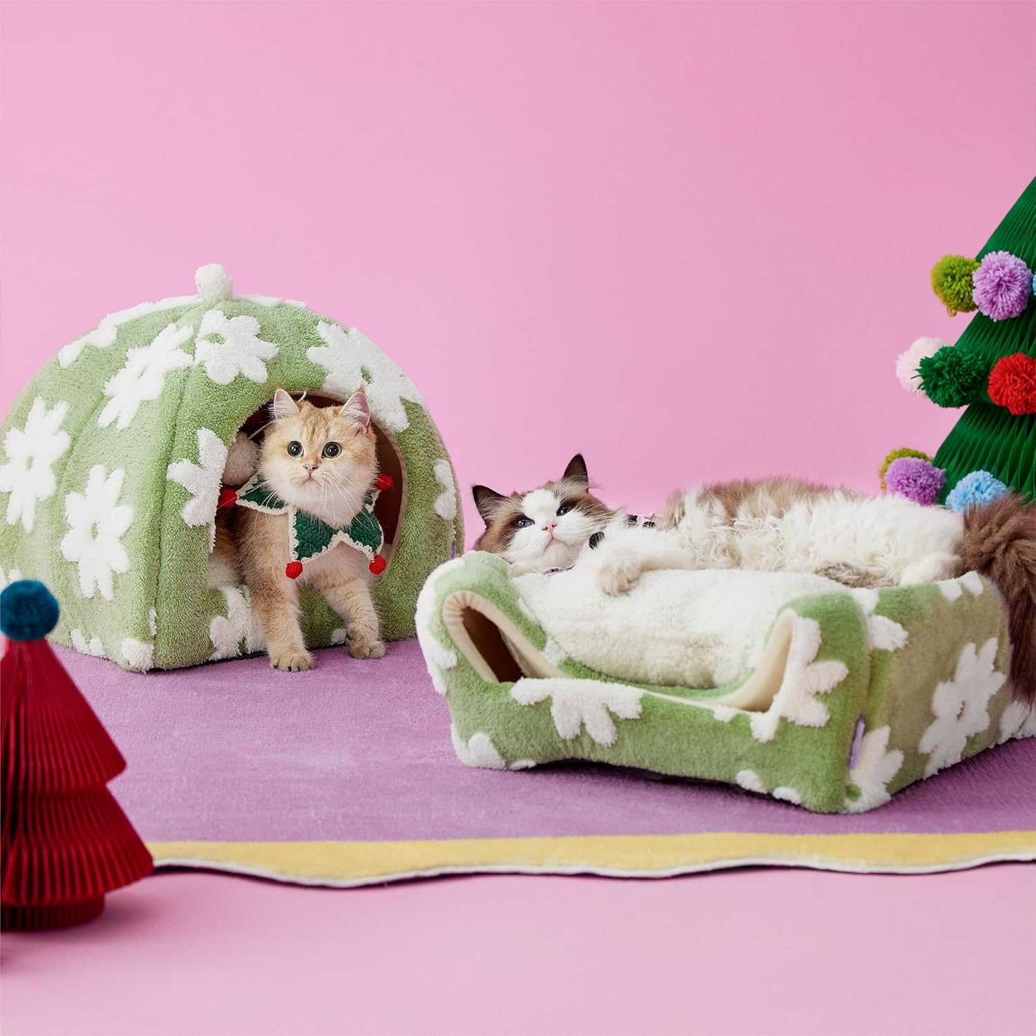 Lesure Cute Cat Beds for Indoor Cats - 2 in 1 Large Cat Cave Bed with Removable Washable Cushioned Pillow, Cozy Kitten Tent with Non-Slip Bottom, Green, 17.3 inches - Pet Explorer
