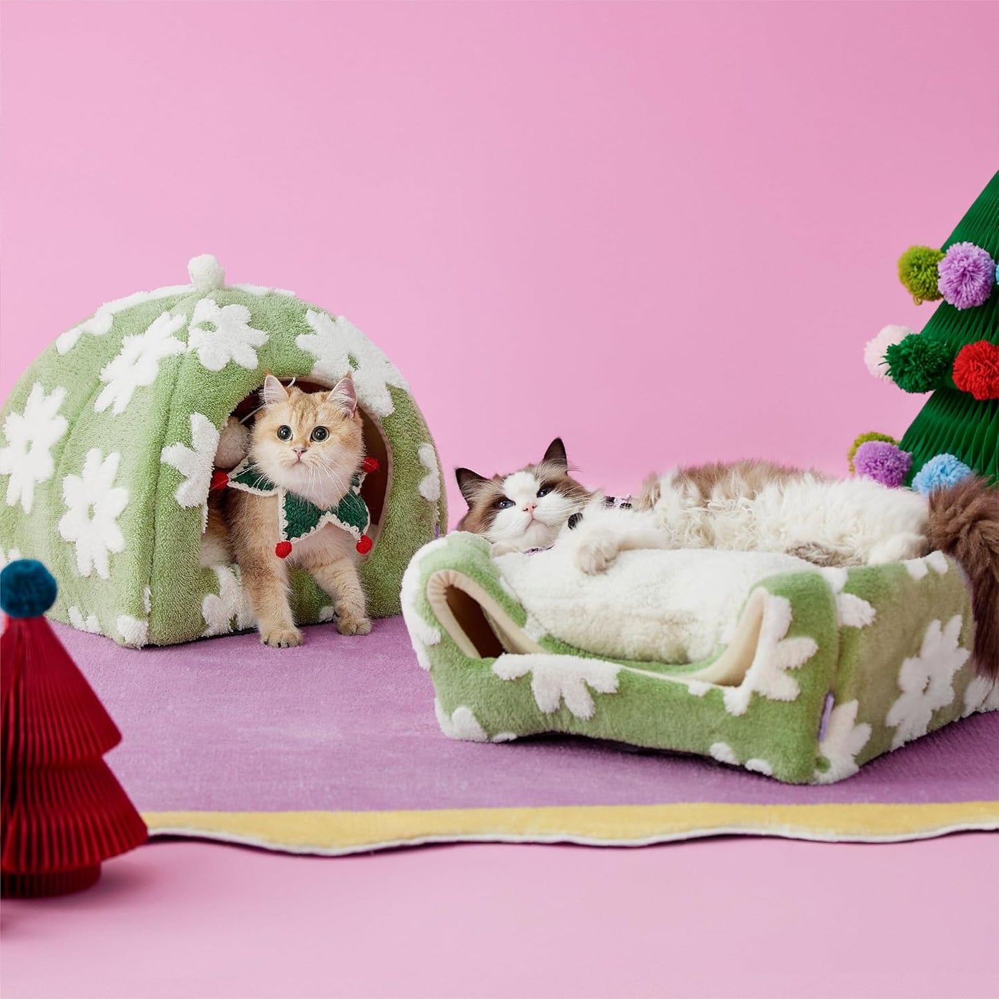 Lesure Cute Cat Beds for Indoor Cats - 2 in 1 Cat Cave Bed for Kittens and Small Pets with Removable Washable Cushioned Pillow, Cozy Ktten Tent with Non-Slip Bottom, Green, 16 inches - Pet Explorer