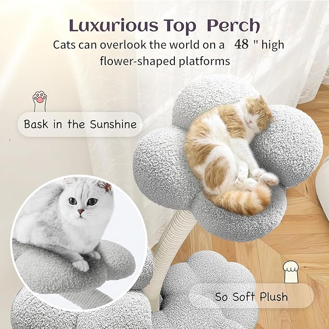FKWin 48" Tall Cat Tree,Flower Shape Design,Scratching Post Condo,Multi-Level Furniture Activity Center,Kittens Pet House Play with Hang Ball,Plush Cat Tower for Large Cats (Gray-3 Tiers)