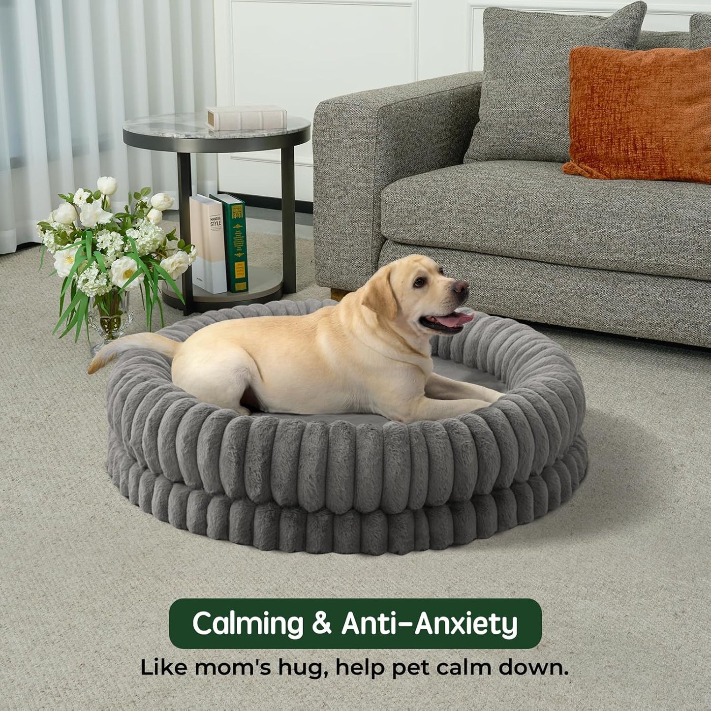 BALANCE Luxury Donut Dog Bed, 43 Inches Round Dog Beds Large Sized Dogs Washable, Orthopedic Calming Dogs Bed for Pets with Anti-Slip Bottom, Gray - Pet Explorer