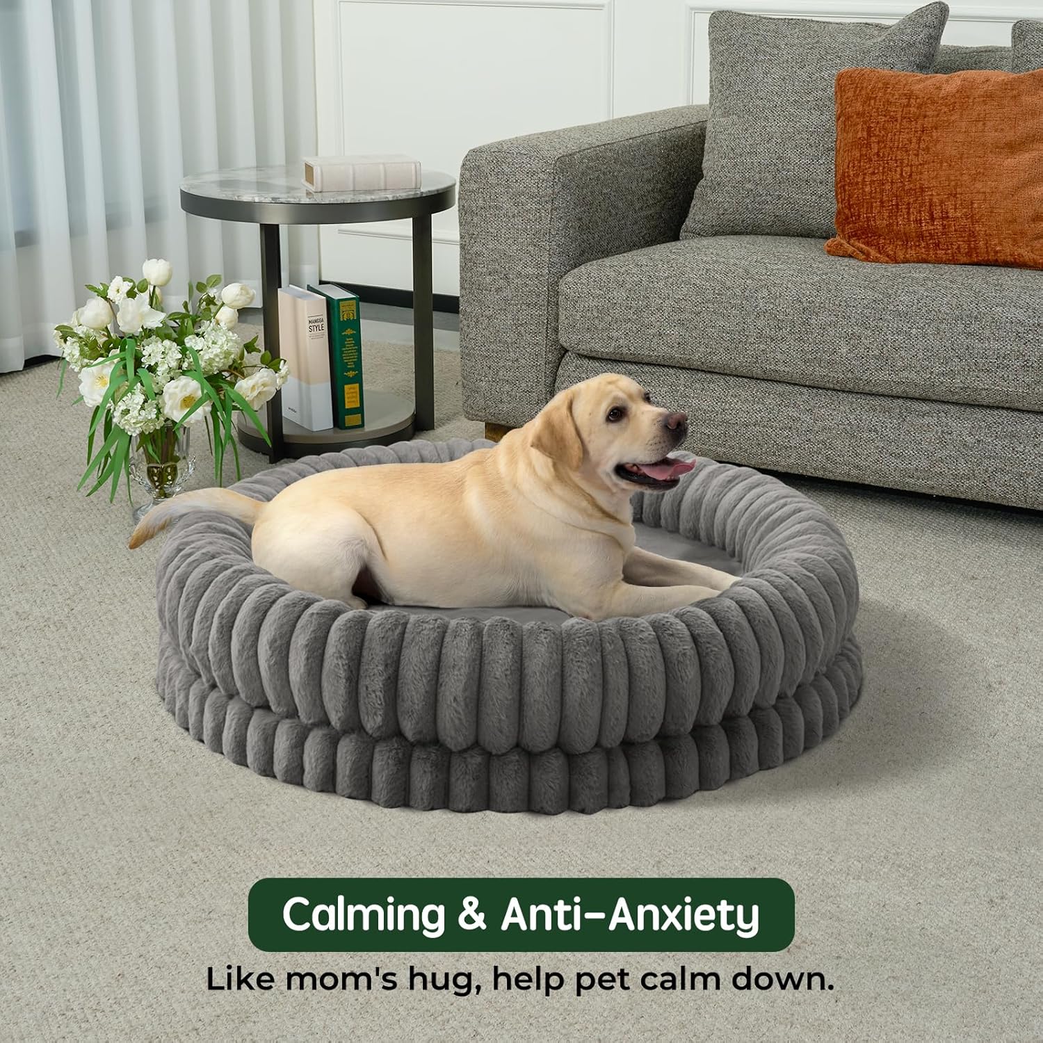 BALANCE Luxury Donut Dog Bed, 43 Inches Round Dog Beds Large Sized Dogs Washable, Orthopedic Calming Dogs Bed for Pets with Anti-Slip Bottom, Gray - Pet Explorer