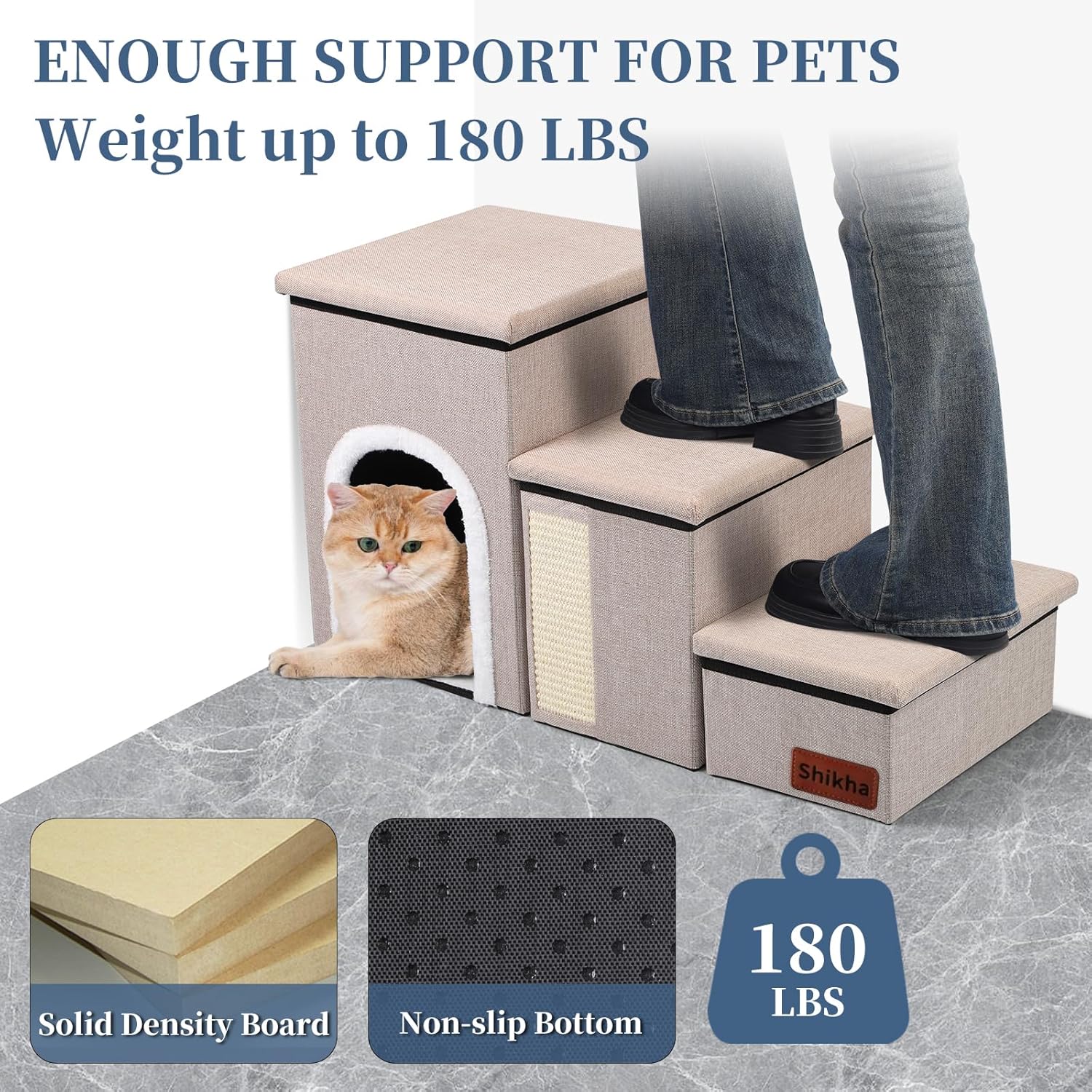 Dog Steps for Bed and Couch, 17”H Foldable Dog Stairs for Small Older Dogs Cats, Adjustable Pet Cat Stairs Ramps with Storage with Condo, Scratcher, Hold Up to 180LBS, Pet Cat Steps Beige - Pet Explorer