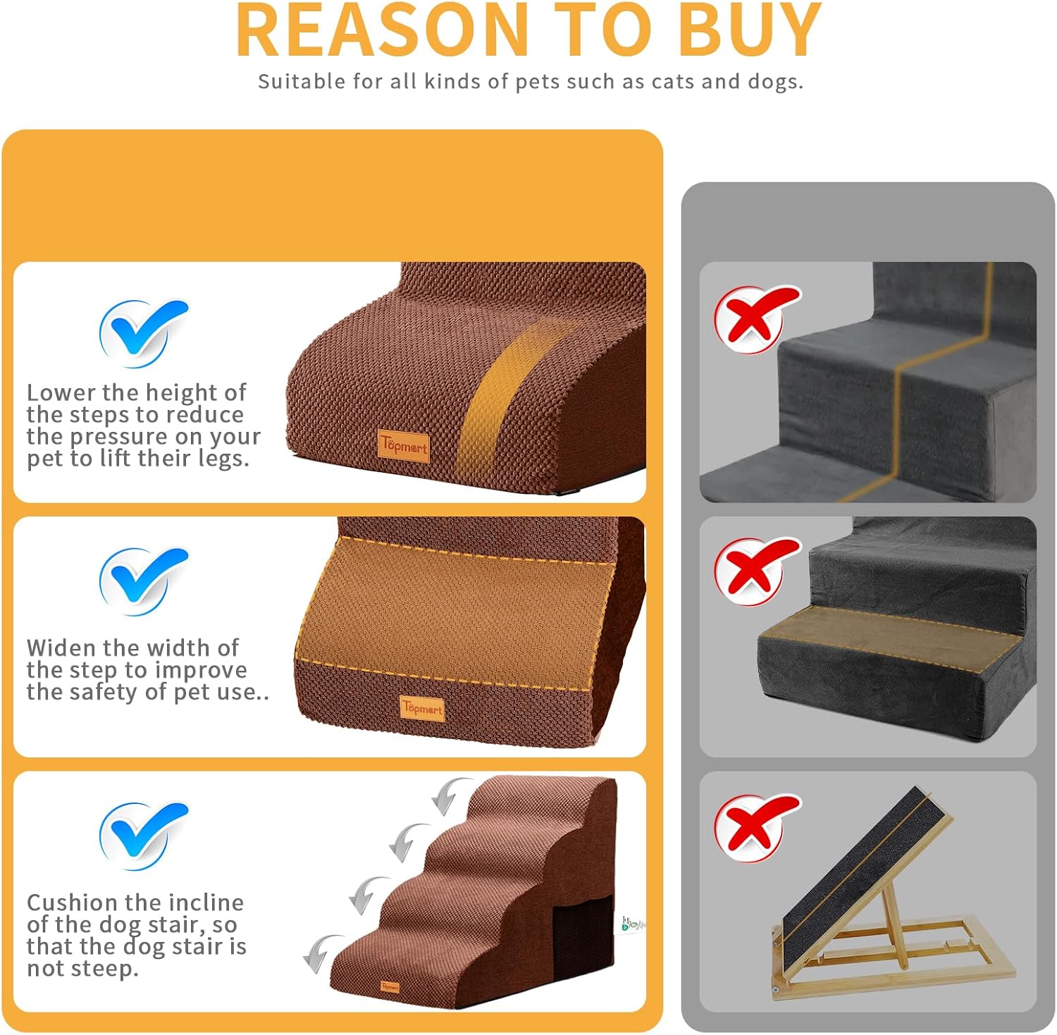 Topmart High Density Foam Dog Steps 4 Tiers,Extra Wide Deep Pet Steps,Non-Slip Dog Stairs Ramp for Bed,Soft Foam Cat Ladder,Best for Older Injured,Older Pets,Cats with Joint Pain - Pet Explorer