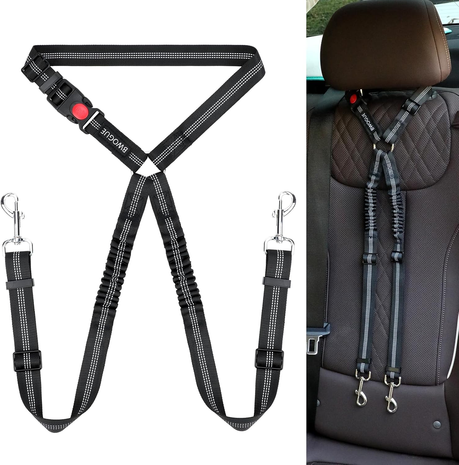BWOGUE Double Dog Cat Seat Belts, Car Headrest Restraint Adjustable Travel Leash,Safety Elastic Leads Splitter Connect Vehicle Seatbelt Harness for 2 Dogs - Pet Explorer