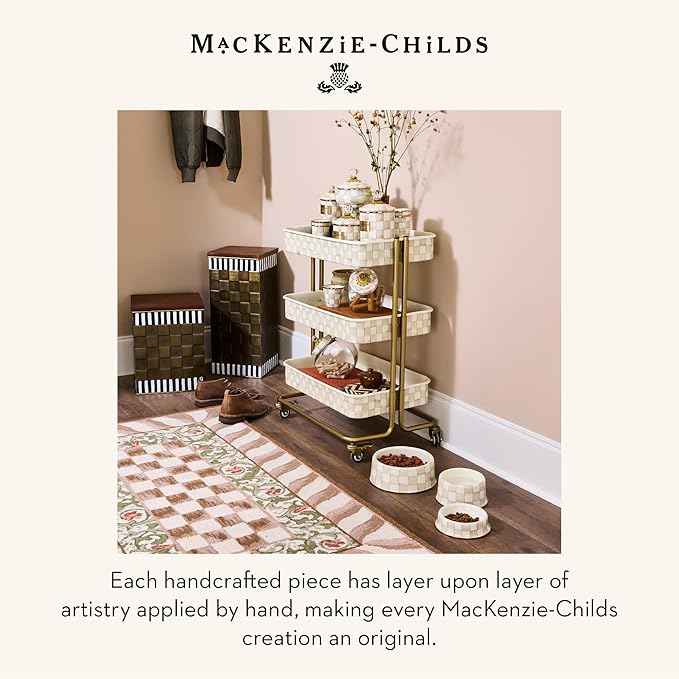 MACKENZIE-CHILDS Enamel Pet Bowl, Cute Cat and Dog Bowl for Food and Water, Medium, Brown-and-White Mocha Check