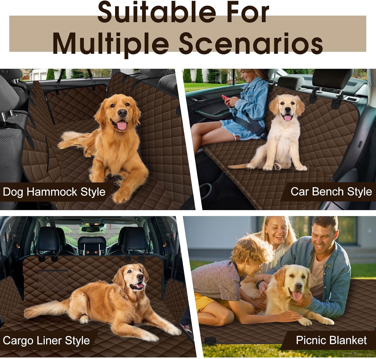 Waterproof Dog Car Seat Cover for Back Seat - Durable, Scratch Proof Pet Hammock with Nonslip Design & Storage Pockets, Fits Cars, SUVs, Trucks - L, Coffee/Black - Pet Explorer