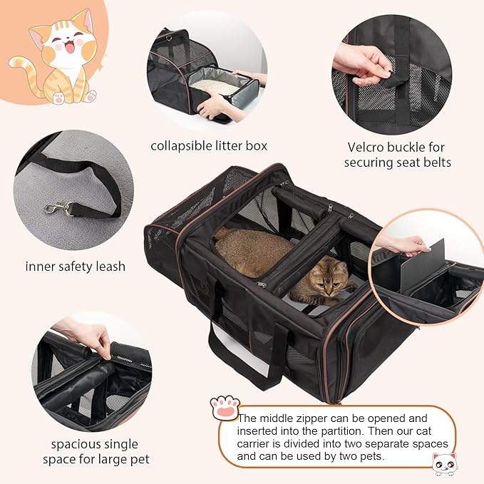 Portable Double Cat Carrier with Litter Box, Large Expandable Cat Carrier for 2 Cats, Soft Sided Pet Carriers for Car Travel, Pet Carrier with Safety Locking Zippers, Home & Outdoor Use, Black