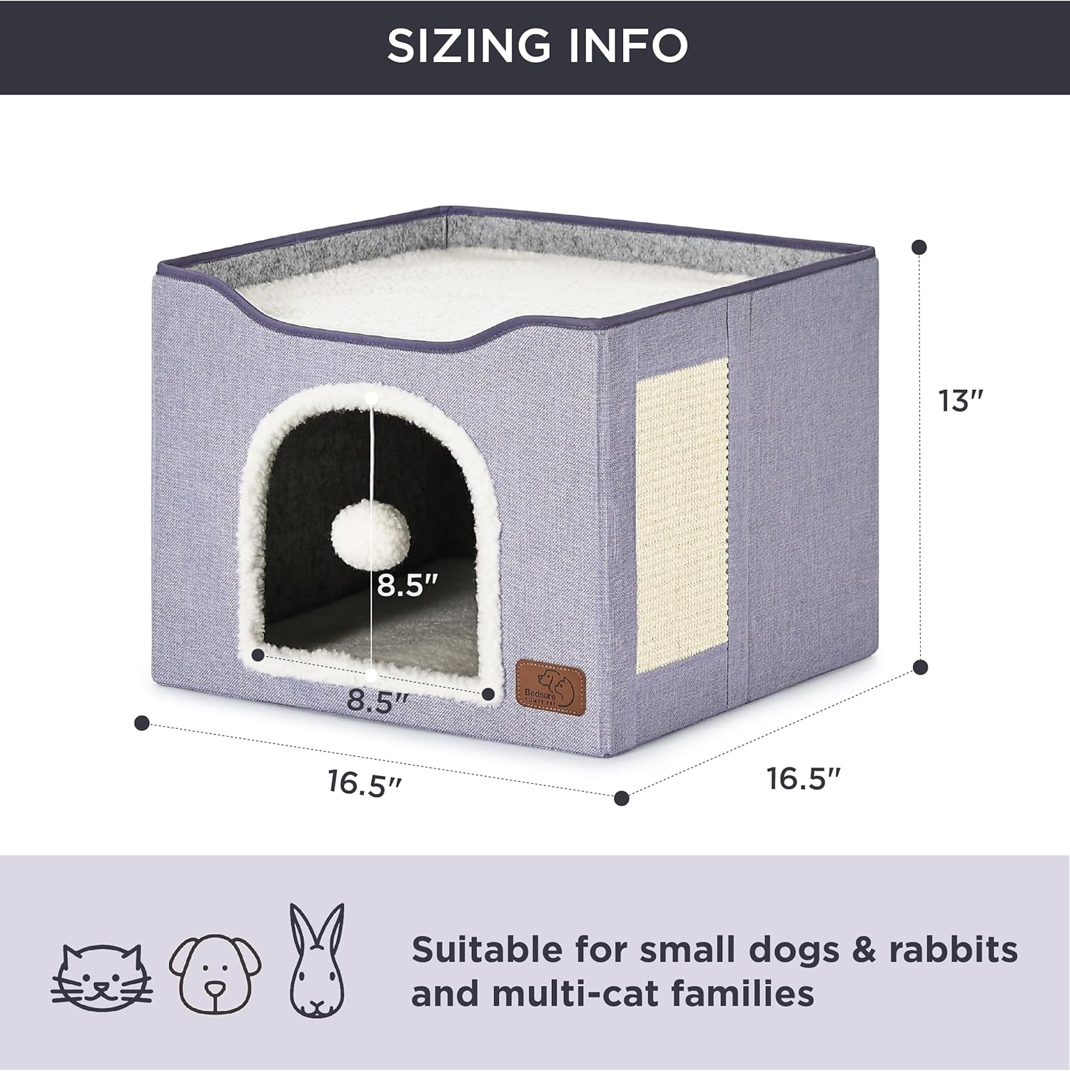 Bedsure Cat Beds for Indoor Cats - Large Cat Cave for Pet Cat House with Fluffy Ball Hanging and Scratch Pad, Foldable Cat Hideaway, 16.5x16.5x13 inches, Cloud Purple - Pet Explorer