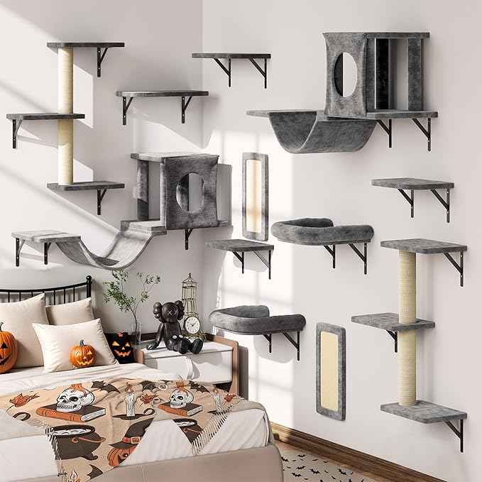 NUNU LAB Wall Mounted Cat Wall Shelves, 12-in-1 Cat Wall Climber with Condos House, Scratching Post, Bridge Ladder, Indoor Space-Saving Furniture for Kittens Play, Dark Gray