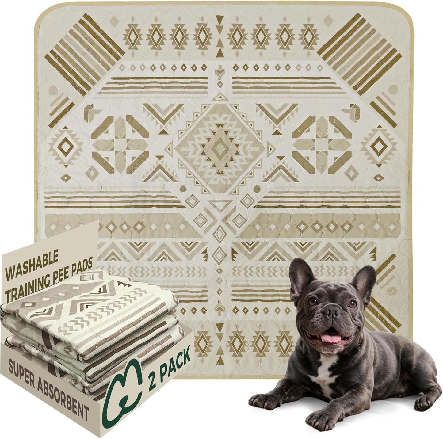 FXW Washable Pee Pads for Dogs, Puppy Pads with Super Absorbent, Specifically Designed for Potty Training, 35" Square, Khaki Geometric, 2 Packs - Pet Explorer