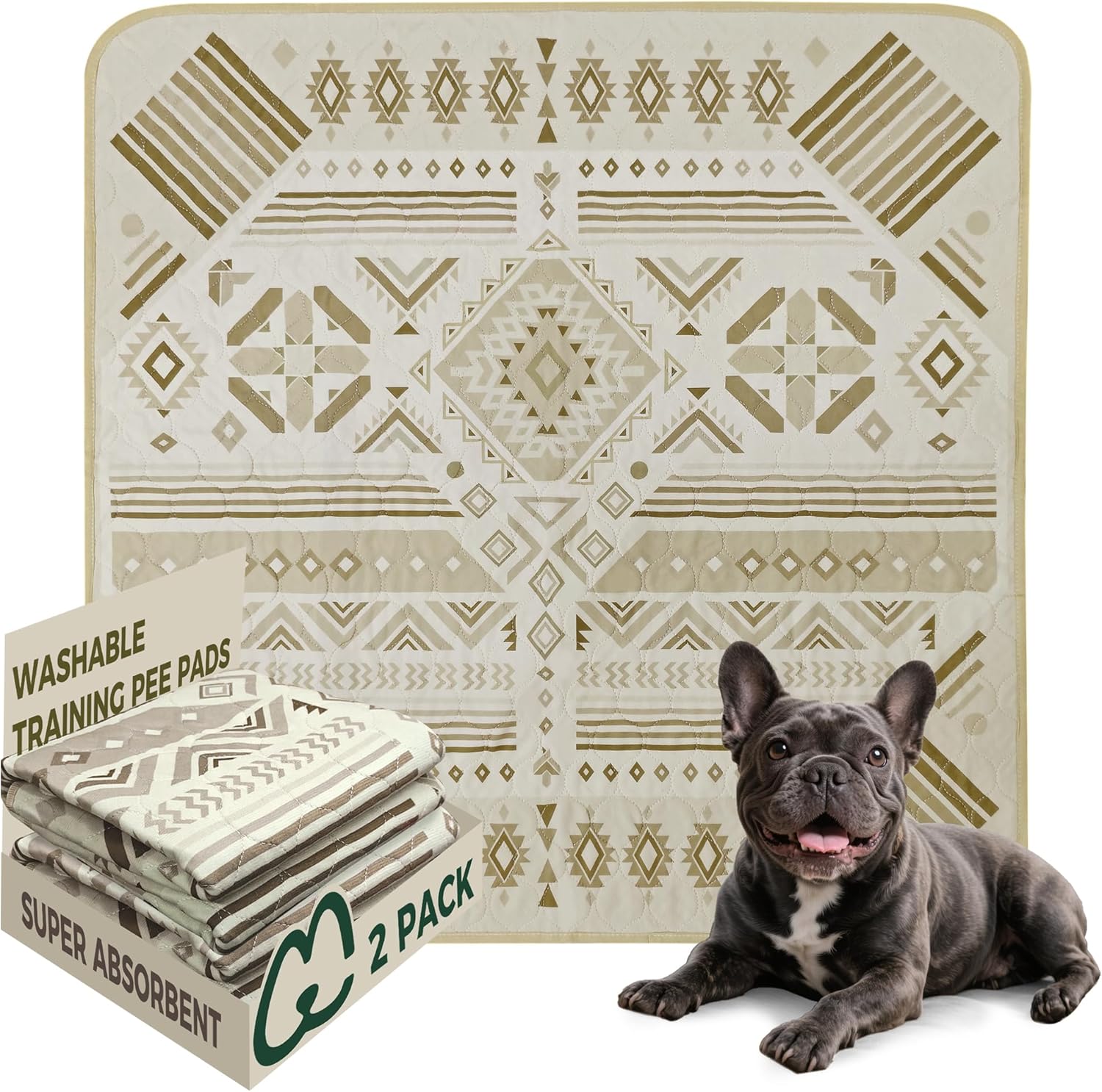 FXW Washable Pee Pads for Dogs, Puppy Pads with Super Absorbent, Specifically Designed for Potty Training, 35" Square, Khaki Geometric, 2 Packs - Pet Explorer