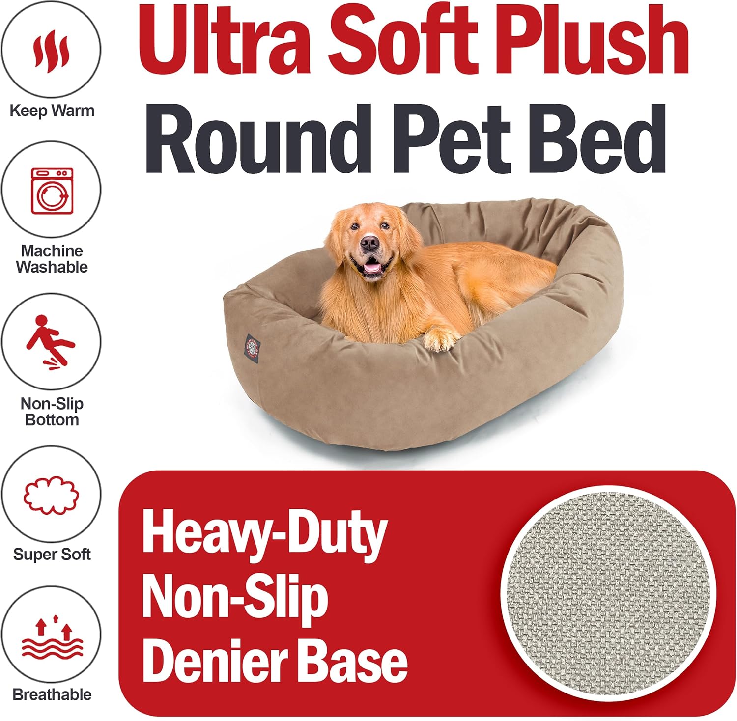 Majestic Pet 40 Inch Suede Shredded Memory Foam Mix Calming Large Dog Bed Washable 40 x 29 x 9 (Inch) - Cozy Soft Round Donut Dog Bed with Spine for Head Support - Pet Bed Stone - Pet Explorer