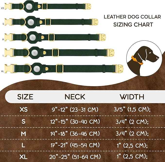 Leather Airtag Dog Collar - Soft Tracking Dog Collar with Apple AirTag Holder and Metal Buckle - Safety GPS Pet Collars for Small Medium Large Dogs Puppy Pink Red (Green, S, 12"-15" Neck Fit)