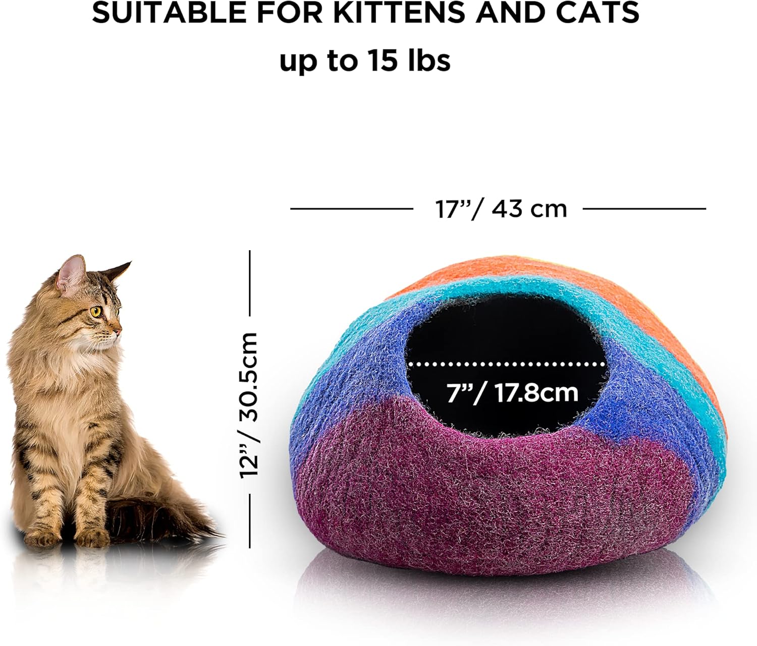 Woolygon Premium Felt Cat Cave Bed – Wool Kitty Beds Handcrafted Kitten Caves Bed for Indoor Cats - Made from 100% Eco-Friendly Merino Wool, Foldable Cat Hidewawy Covered Cat House Pod (Rainbow Twist) - Pet Explorer