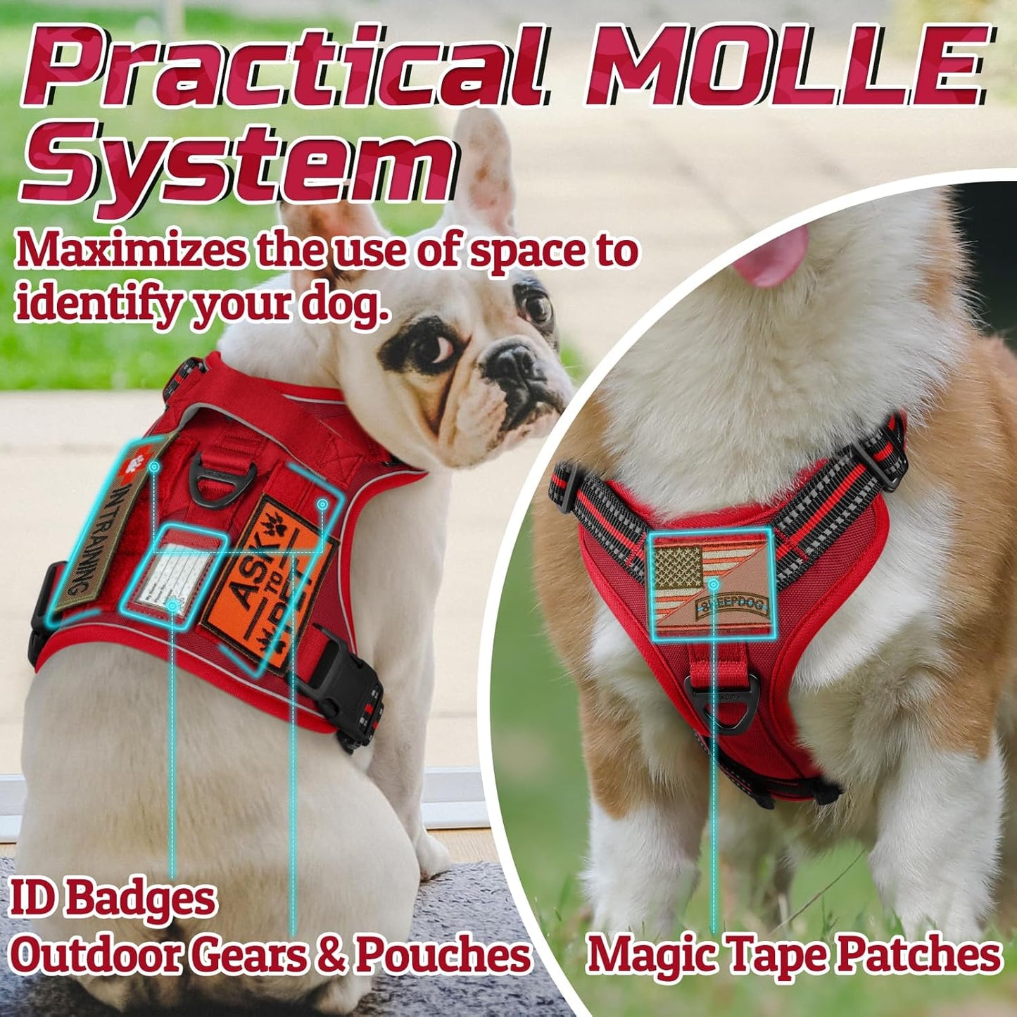 rabbitgoo Tactical Dog Harness Medium Sized Dog, No Pull Military Service Vest with Handle & Molle, Easy Control for Training Walking, Adjustable Reflective Straps, Red, M