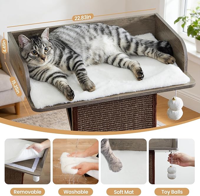 Modern Wood Cat Tree Tower for Indoor Large Cats, 33.8-Inch Tall Wooden Cat Trees with Big Perch Bed, Cat Scratching Pads, Washable Removable Cushions and Scratching Mat, Cat Furniture, Greigy