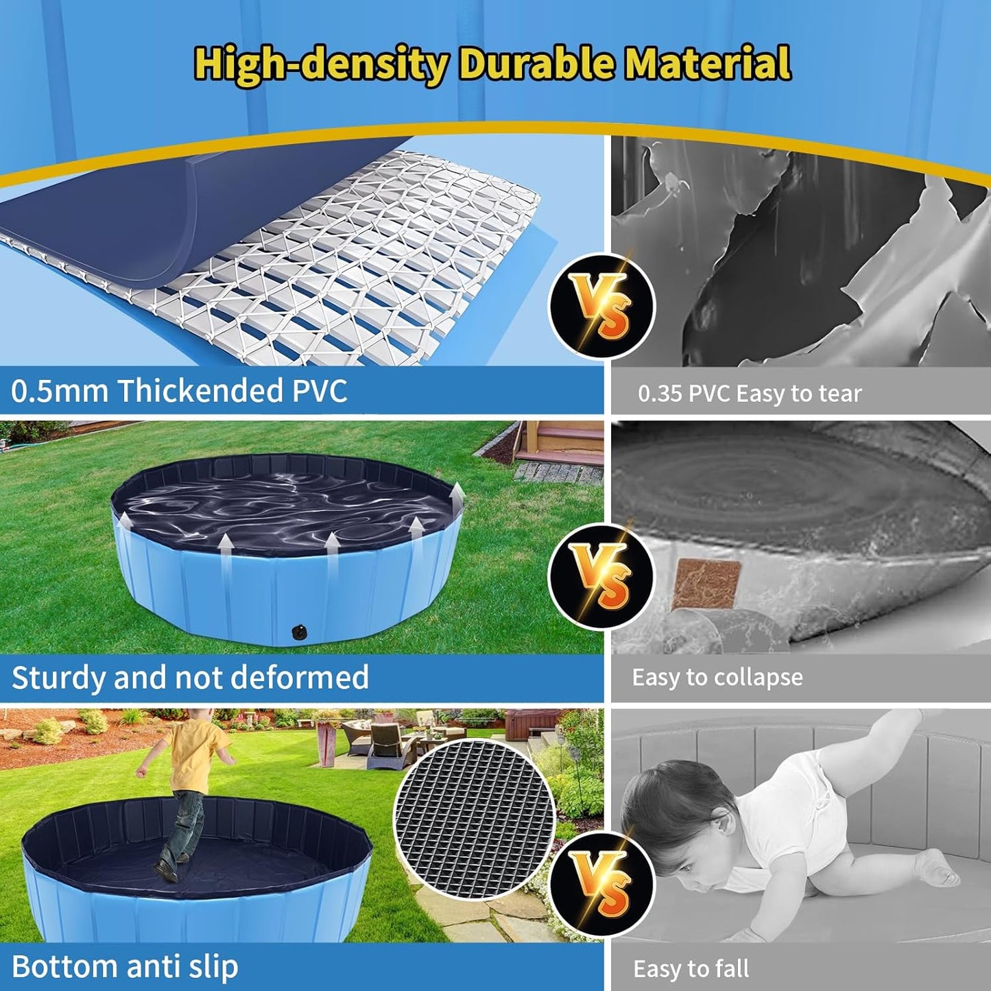 Foldable Dog Pool, 79" x 14" Large Kiddie Pool with Hard Plastic, Non-Slip Dog Bath Tub for Outdoor Backyard, Collapsible Dog Swimming Pool for Kids Dogs Pets (Blue) - Pet Explorer