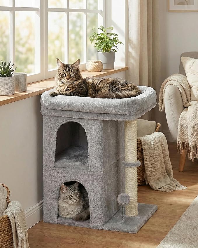 24in Cat Tree Tower with Scratching Post, 19 * 16.5in Window Perch Bed for Large Adult Cats, 2 Small Condo Cubbies for Indoor Kittens, Light Gray