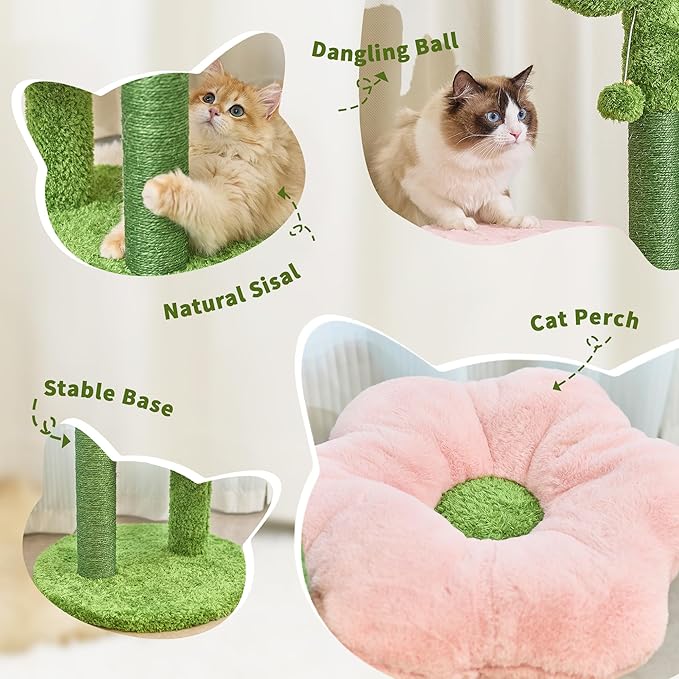 Cat Scratching Post, 28.35" Cactus Cat Scratcher Kitten Scratch Post with Cat Bed，Sisal Rope for Indoor Cats Claw Scratcher for Indoor Cats and Kittens