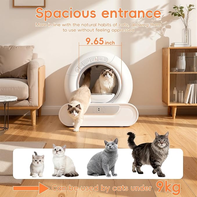 Self Cleaning Cat Litter Box, Automatic Smart Litter Box with App Control & Health Monitoring, Spacious Entry for Multiple Cats, Odor Removal System, Large Enclosed Design White US Plug