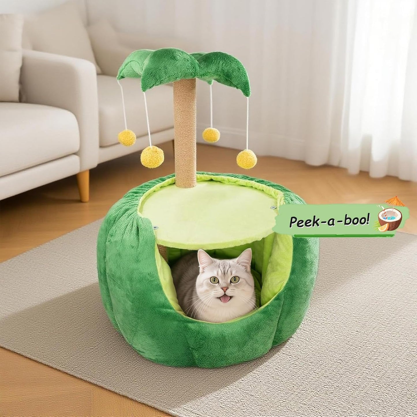 Cat Houses for Indoor Cats, Small Cat Tree with Sisal Ropes and Plush Perch, Cute Cat Bed Cave with Soft Pillow, Coconut Palm Design - Pet Explorer