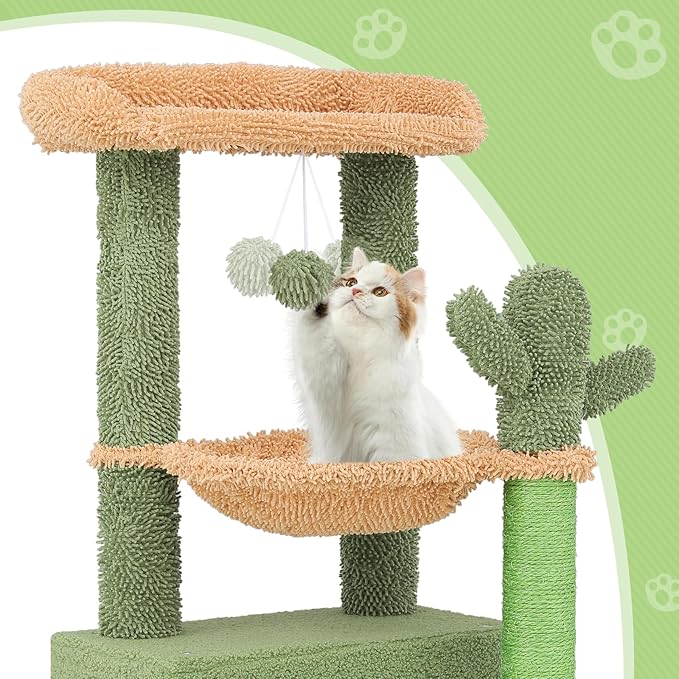 Magshion 33" Cactus Cat Tree for Indoor Cats, Multi-Level Cat Tower with Scratching Posts, Top Perch, Platforms and Hanging Balls, Fun Climbing Playhouse for Kittens and Adults