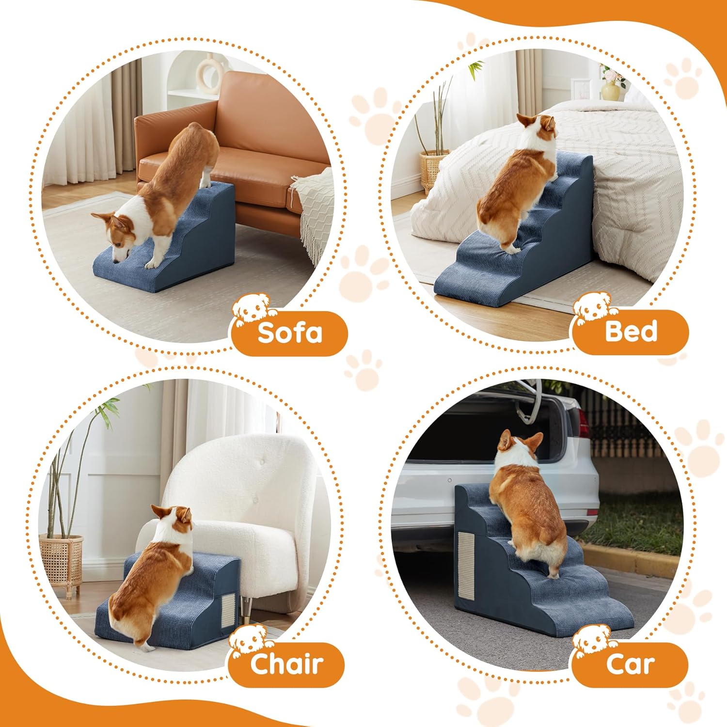 Navy Portable 2-Step Dog & Cat Step for Bed, Couch, Sofa & Chairs - Non-Slip, High Density Foam - Pet Explorer