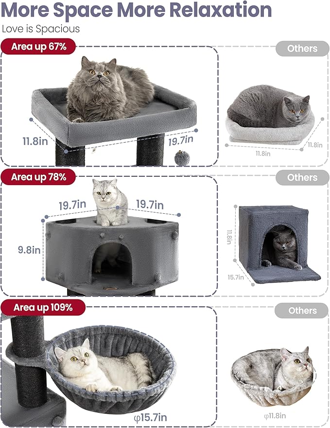 Heavy Duty Cat Tree for Large Cats Adult - 60 Inch XXL Sturdy Cat Tower Condo with Extra Wide Scratching Posts (φ4.4in) Big Cat House Hammock Perch - Indoor Wood Modern Multi Level Corner Cat Bed