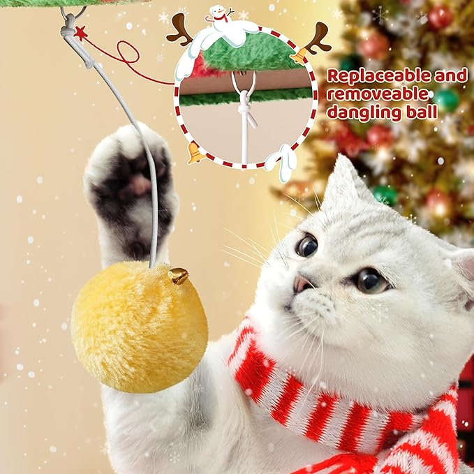 Yaheetech 54in Christmas Cat Tree, Multi-Level Cat Tower with Spacious Kitten-Ear Perch, 2 Cozy Caves, Scratching Posts, Climbing Ladder, 2 Plush Balls for Indoor Kittens, Red/Green