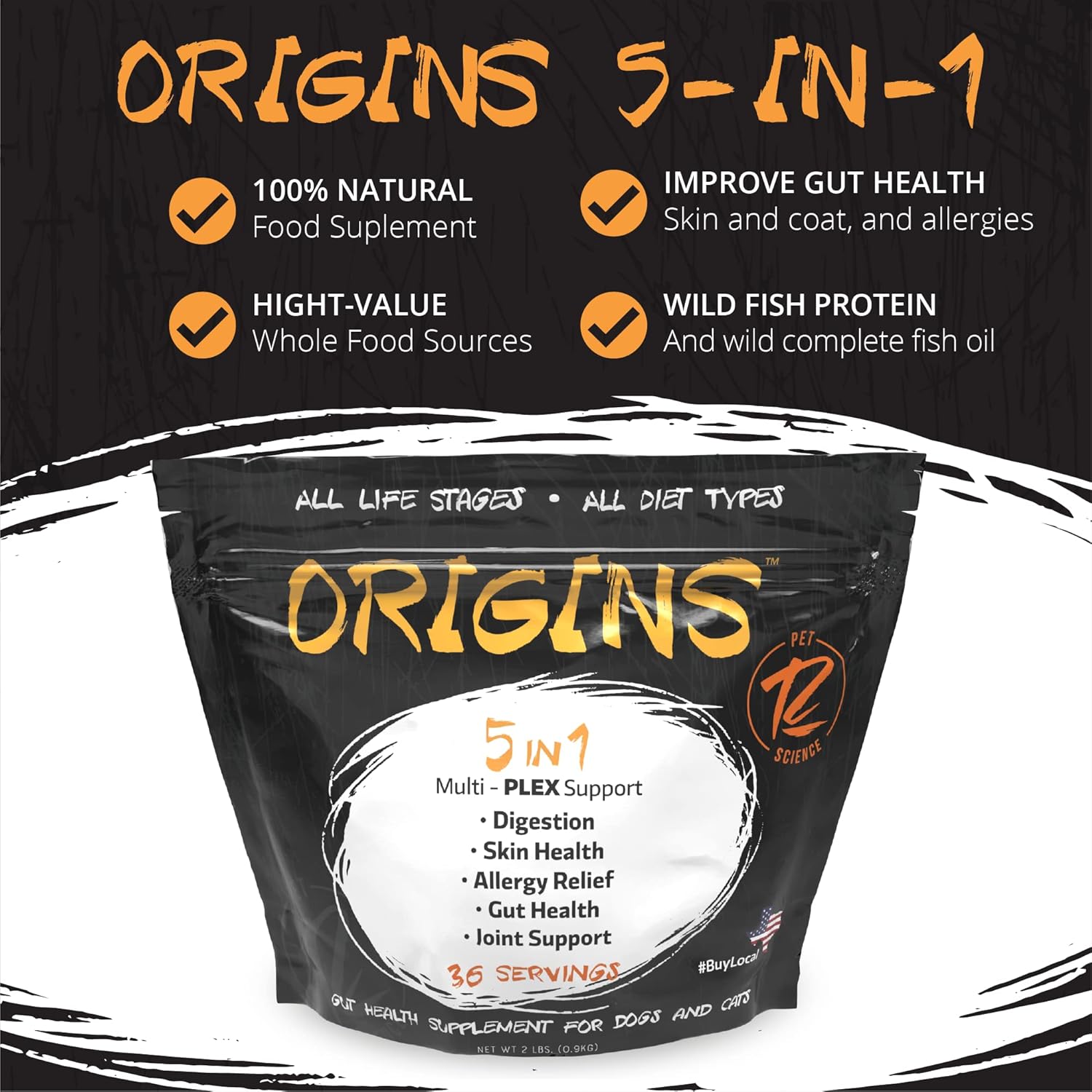 Origins 5-in-1 Dog Supplement - Powdered Food Topper w/Natural Omega 3 Fish Oil - Supports Healthy Digestion, Skin, and Coat - Helps Reduce Itching & Joint Inflammation (2 lbs) - Pet Explorer
