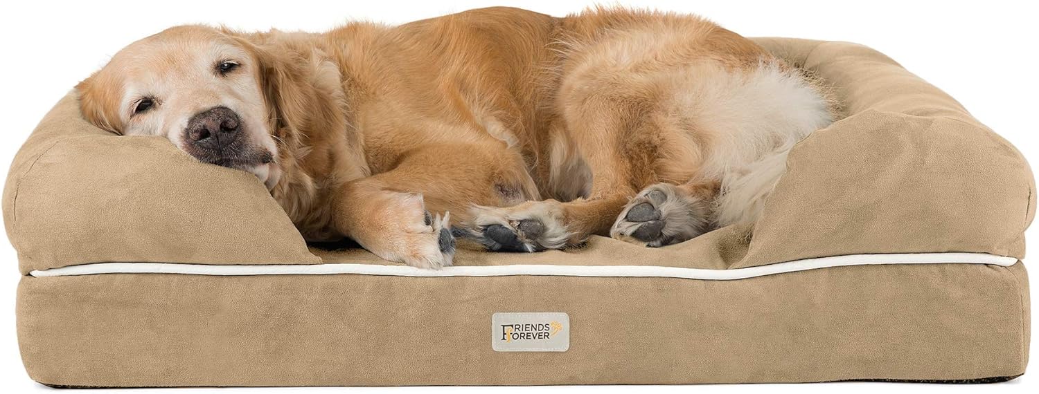Friends Forever X-Large Dog Bed, Orthopedic Dog Sofa Memory Foam Mattress, Calming Dog Couch Bed, Wall Rim Pillow, Water Resistant Liner, Washable Cover, Non-Slip Bottom, Chester, X-Large Khaki Beige - Pet Explorer