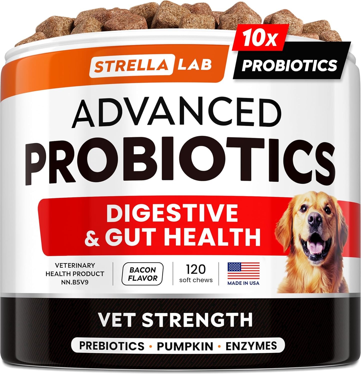 STRELLALAB Vet Strength Dog Probiotics Treats - 1 Billion CFU + Digestive Enzymes + Prebiotics - Chewable Fiber Supplement w/Pumpkin - Allergy, Diarrhea, Gas, Constipation, Upset Stomach Relief - Pet Explorer