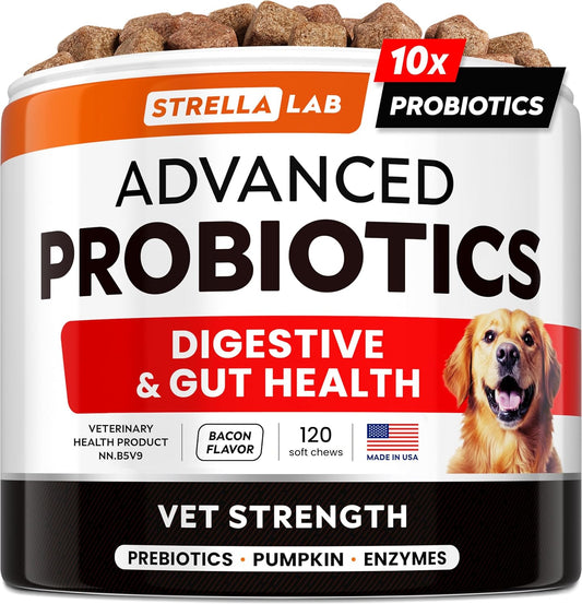 STRELLALAB Vet Strength Dog Probiotics Treats - 1 Billion CFU + Digestive Enzymes + Prebiotics - Chewable Fiber Supplement w/Pumpkin - Allergy, Diarrhea, Gas, Constipation, Upset Stomach Relief - Pet Explorer