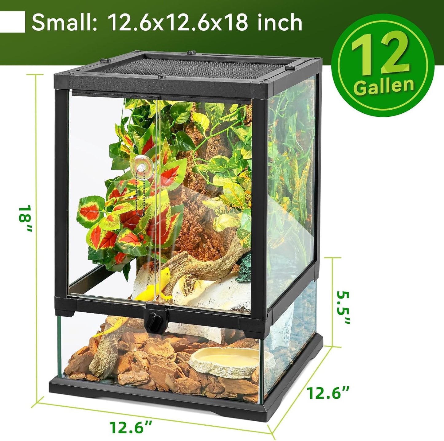 18x12x12 12 Gallon Glass Reptile Tank Front Opening Terrarium Suitable for Leopard Geckos, Snakes Tree Frogs Chameleons Watertight Base, Ventilated Metal Mesh Top, Pre-Drilled Cable Holes - Pet Explorer