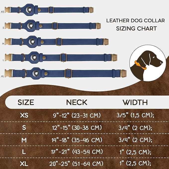 AirTag Dog Collar - Genuine Leather Dog Collar with Apple AirTag Holder and Metal Buckle - Smart GPS Tracking Pet Collars (Smoky Blue, S, 12"-15" Neck Fit) (Smoky Blue, M, 14"-18" Neck Fit)
