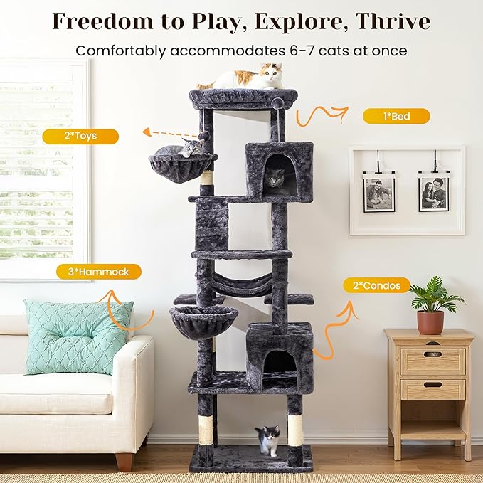 Large Cat Tree with Scratching Posts, Bed, Hammocks & Condos – Multi-Level Cat Tower for Playful Cats, 73" Modern Jungle Gym for Multiple Cats, Grey